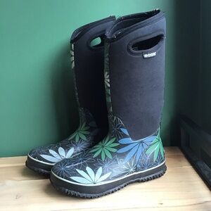 Bogs Women's Black Rain Boots with Green & Blue Floral Print